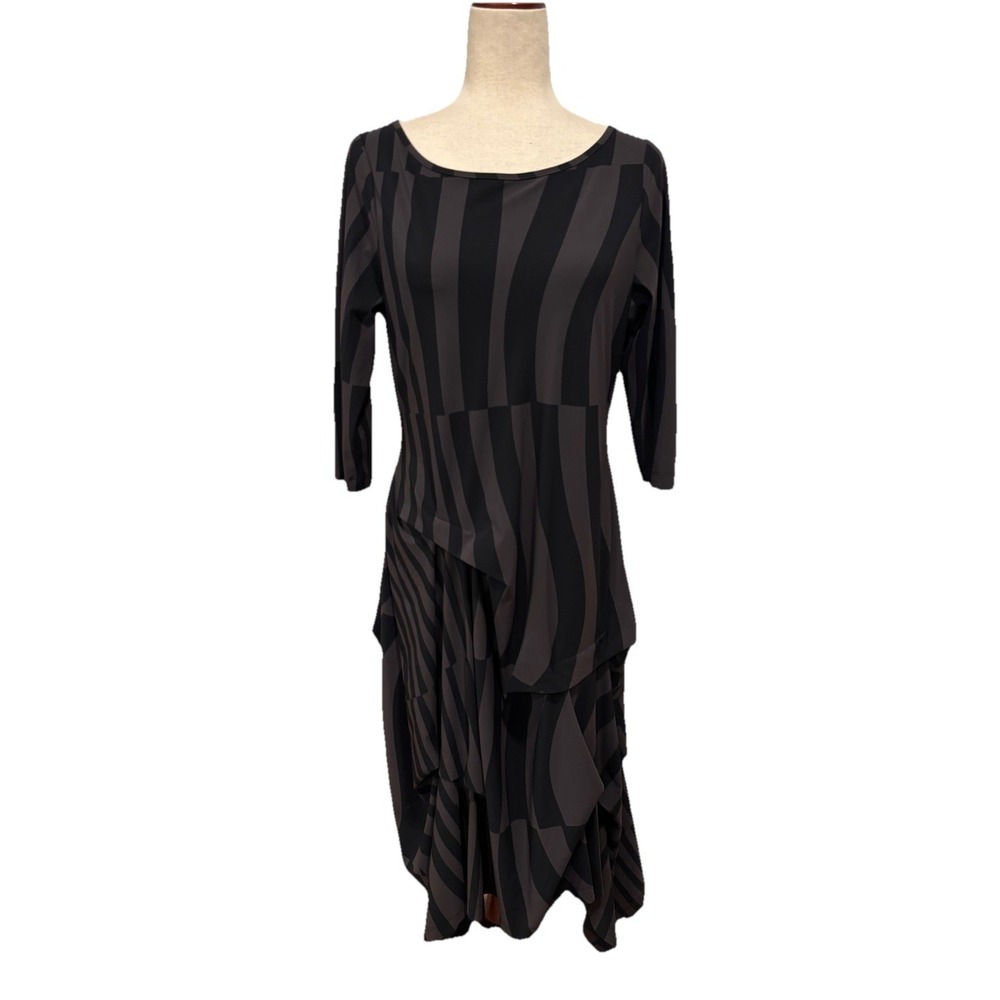 Porto San Francisco Dress Gray Black Geo Print Lagenlook Jersey Relaxed Medium